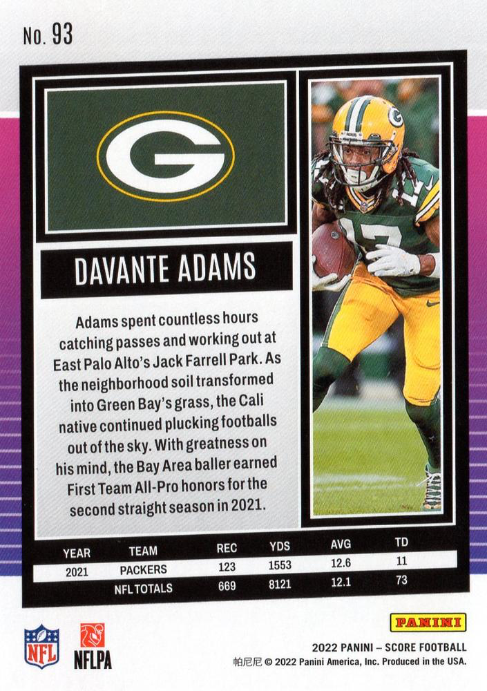 2022 Panini Score Davante Adams Green Bay Packers #93