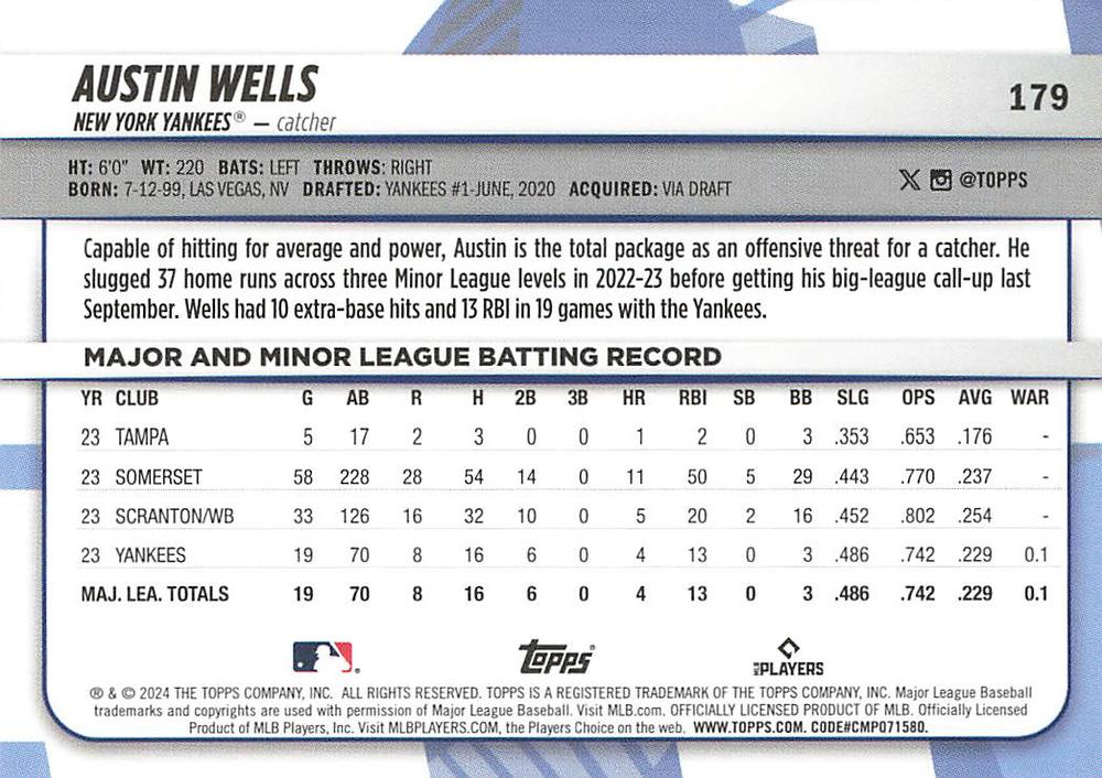 2024 Topps Big League Common Austin Wells RC New York Yankees #179