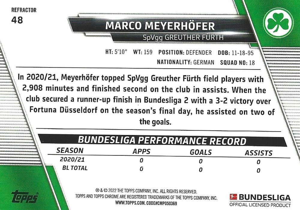 2021 Topps Chrome Bundesliga Refractor Marco Meyerhofer #48 SpVgg Greuther Furth