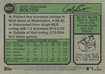 2023 Topps Heritage Cody Bolton RC Pittsburgh Pirates #607