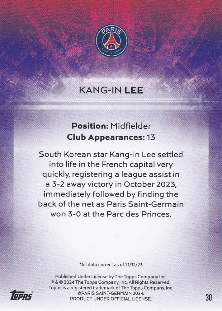 2023 Topps PSG Team Set Light Up Kang-in Lee #30 Paris Saint-Germain