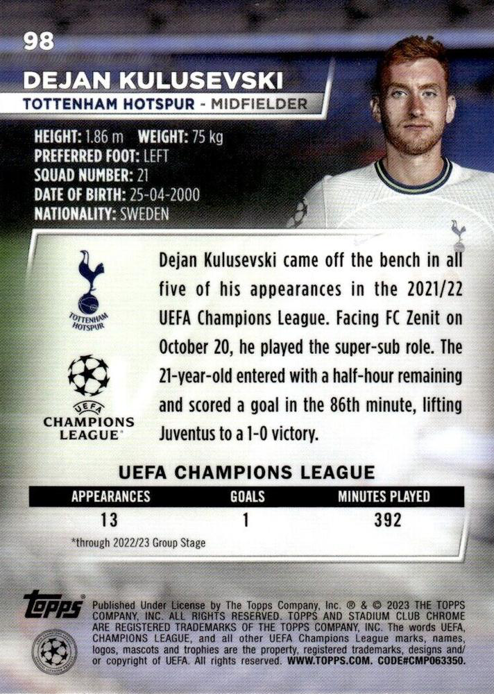2022 Topps Stadium Club Chrome UCC Dejan Kulusevski #98 Tottenham Hotspur