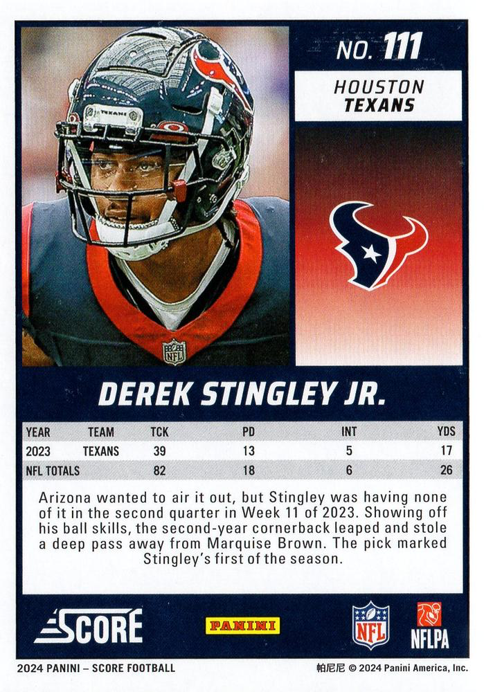 2024 Panini Score Football Derek Stingley Jr. Houston Texans #111