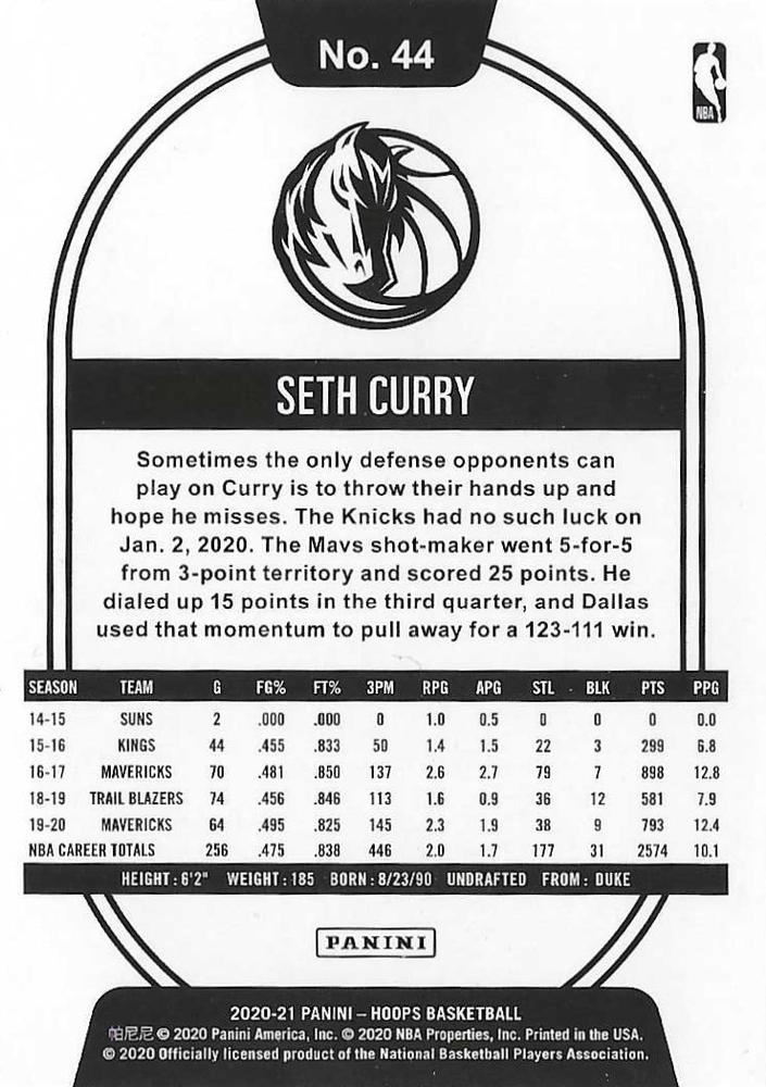 2020 Panini Hoops Seth Curry #44 Dallas Mavericks