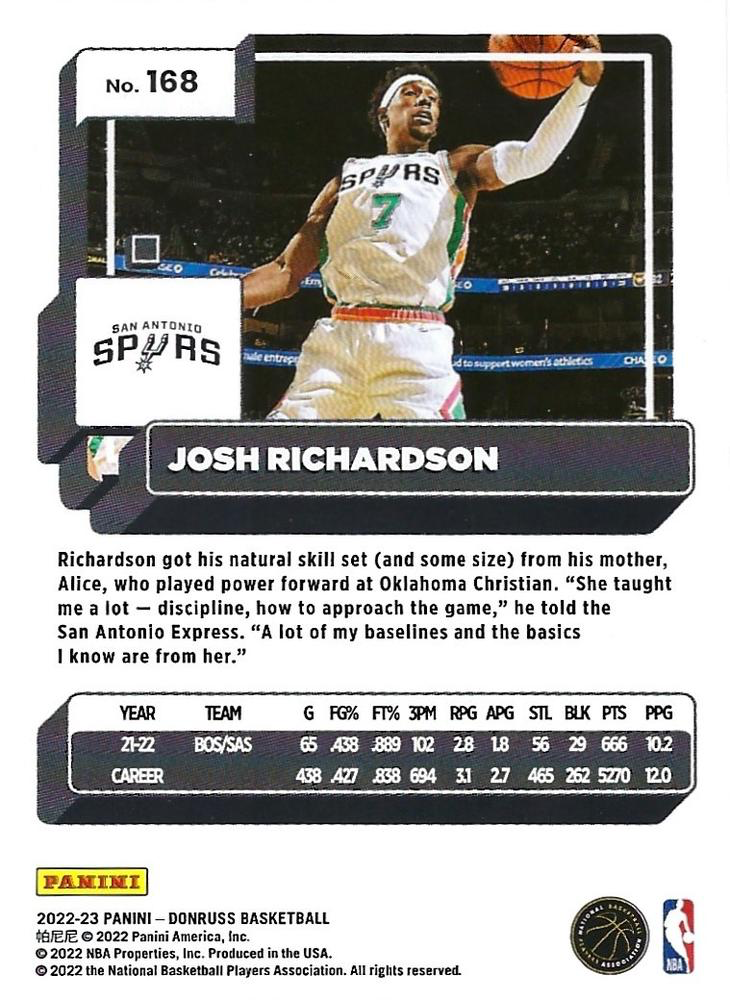 2022 Panini Donruss Josh Richardson #168 San Antonio Spurs