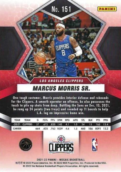 2021 Panini Mosaic Marcus Morris Sr. #151 Los Angeles Clippers