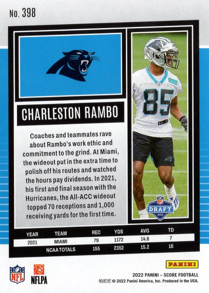 2022 Panini Score Charleston Rambo RC Carolina Panthers #398