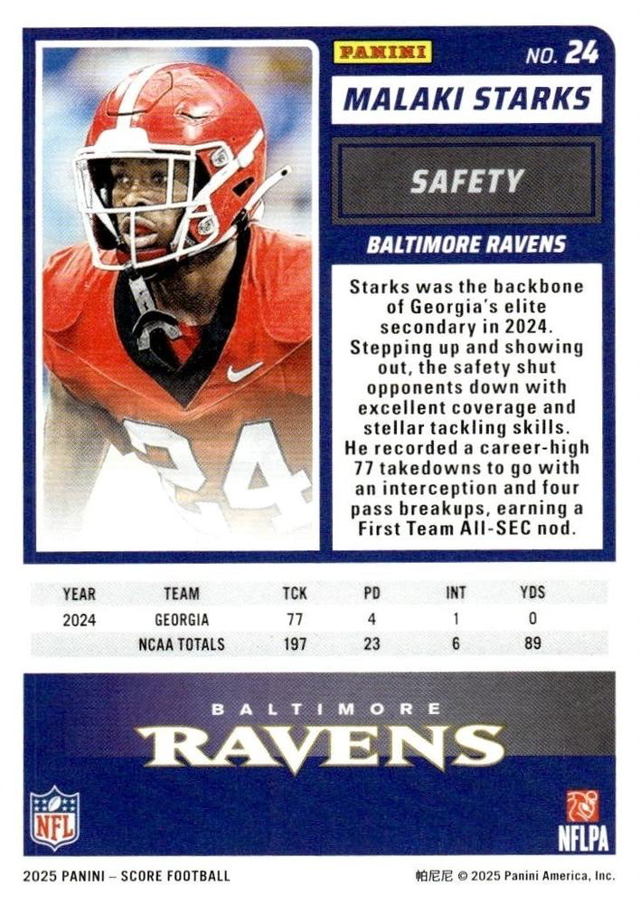 2025 Panini Score Malaki Starks RC #24 Baltimore Ravens