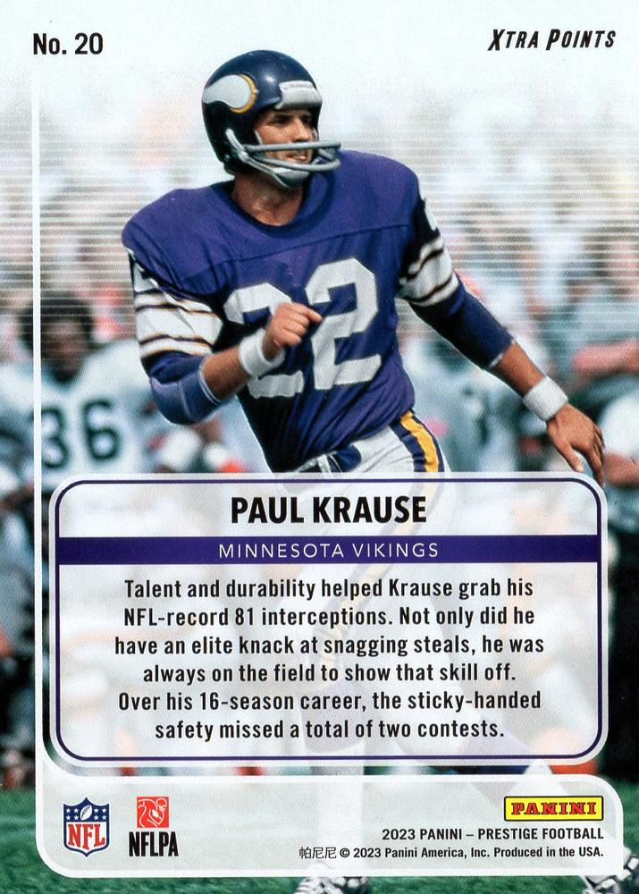 2023 Panini Prestige For the Record Paul Krause #20 Minnesota Vikings