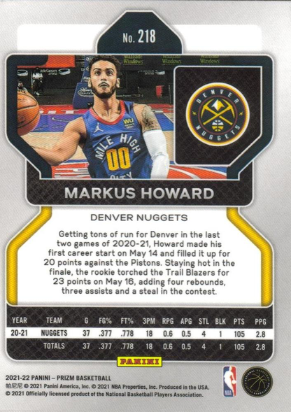 2021 Panini Prizm Markus Howard #218 Denver Nuggets