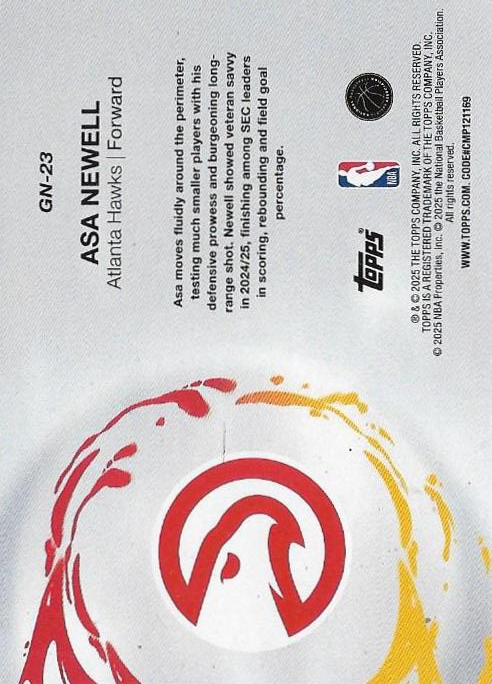 2025 Topps NBA Generation Now Asa Newell GN-23 Atlanta Hawks