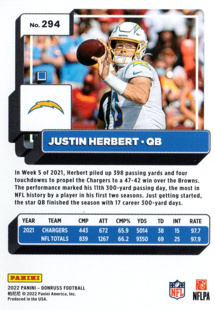 2022 Panini Donruss Justin Herbert #294 Los Angeles Chargers