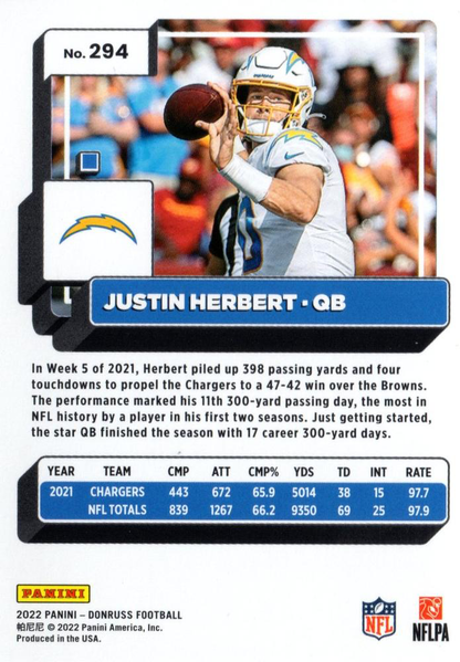 2022 Panini Donruss Justin Herbert #294 Los Angeles Chargers