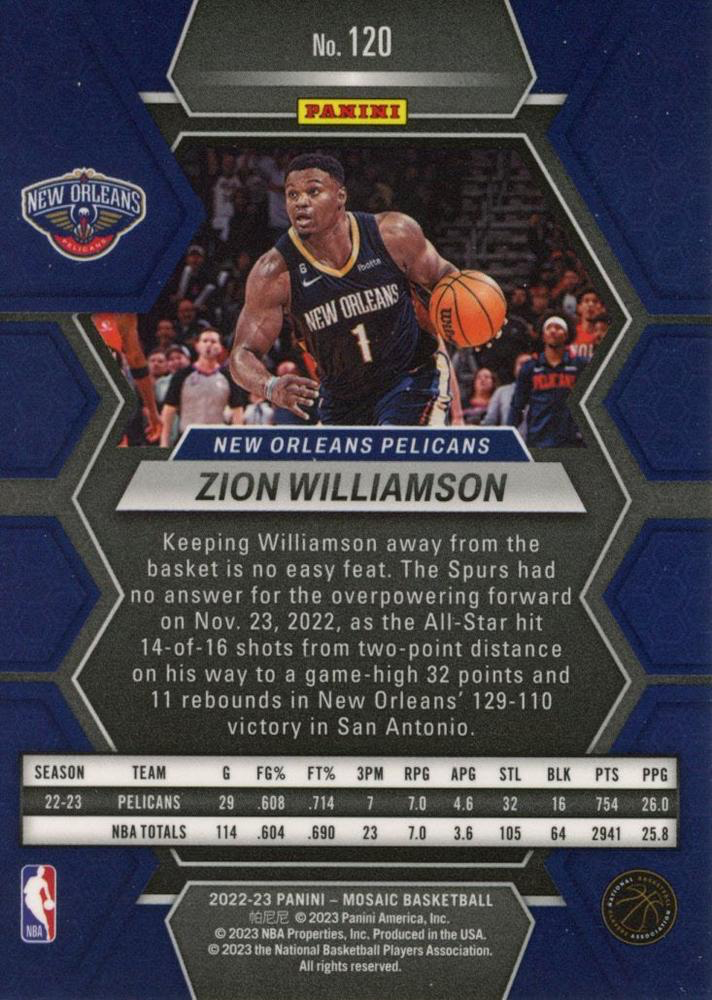 2022 Panini Mosaic Zion Williamson #120 New Orleans Pelicans