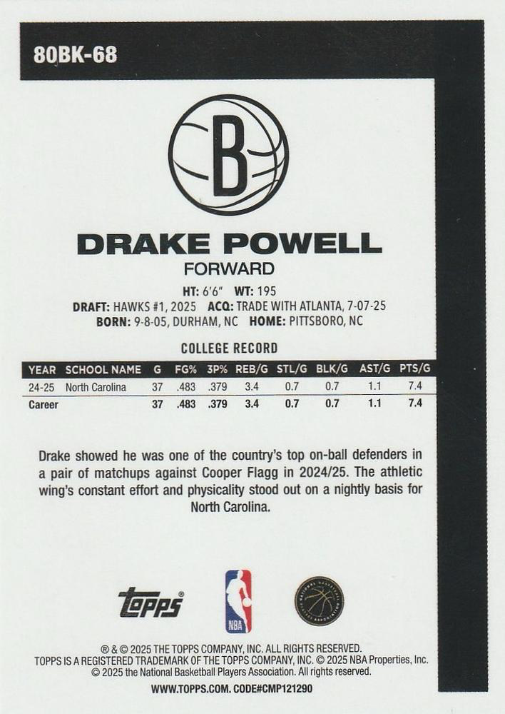 2025 Topps NBA 1980-81 Topps Basketball Drake Powell 80BK-68 Brooklyn Nets
