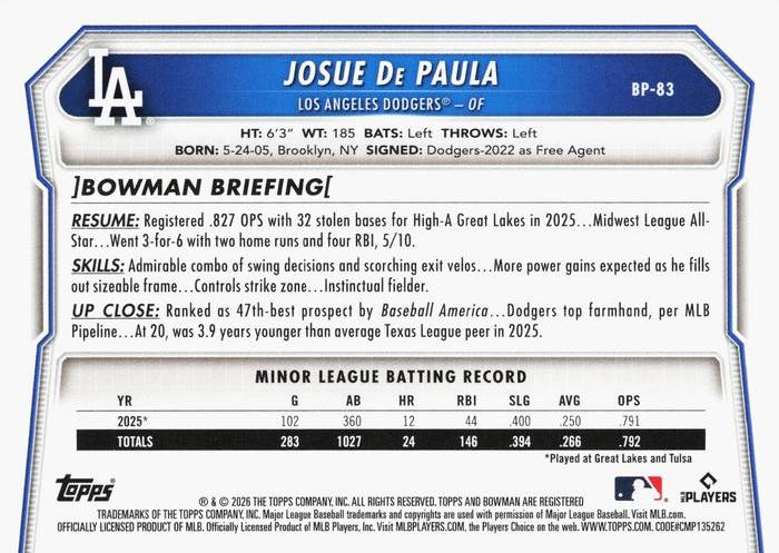 2026 Topps Bowman Prospects Josue De Paula #BP-83 Los Angeles Dodgers