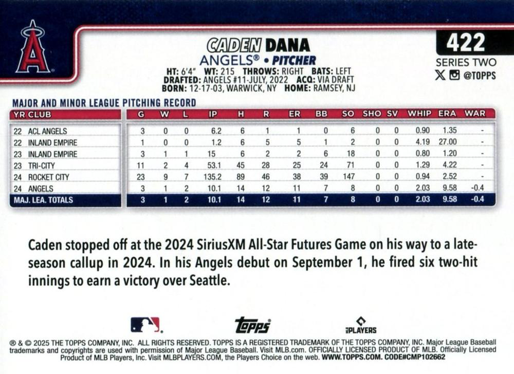 2025 Topps Series 2 Caden Dana RC Los Angeles Angels #422