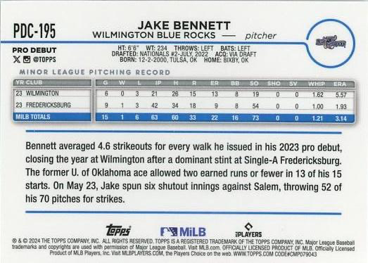 2024 Topps Pro Debut Chrome Refractor Jake Bennett #PDC-195 Wilmington Blue Rocks