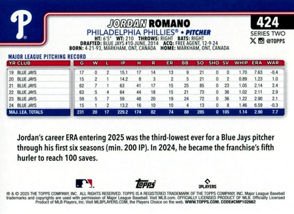 2025 Topps Series 2 Jordan Romano Philadelphia Phillies #424