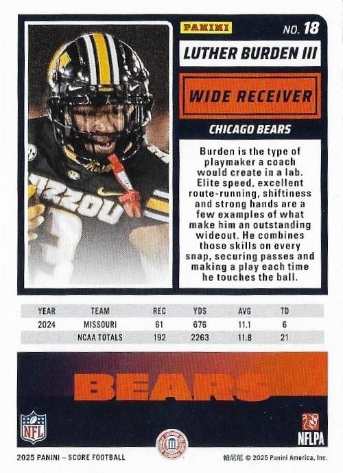 2025 Panini Score Luther Burden III RC #18 Chicago Bears