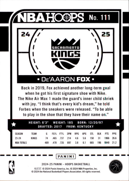 2024 Panini Hoops De'Aaron Fox #111 Sacramento Kings