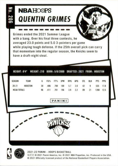2021 Panini Hoops Quentin Grimes RC #206 New York Knicks