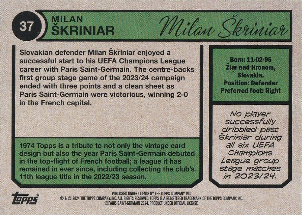 2023 Topps PSG Team Set 1974 Topps Milan Škriniar #37 Paris Saint-Germain