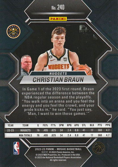 2022 Panini Mosaic Christian Braun RC #240 Denver Nuggets