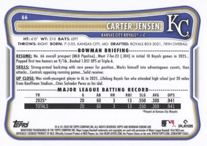 2026 Topps Bowman Chrome Mojo Carter Jensen #66 Kansas City Royals