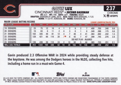 2025 Topps Chrome MLB Gavin Lux #237 Cincinnati Reds