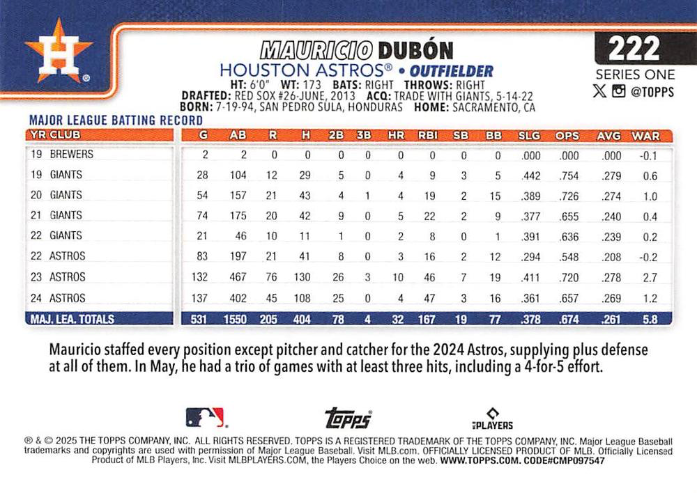 2025 Topps Series 1 Mauricio Dubón Houston Astros #222