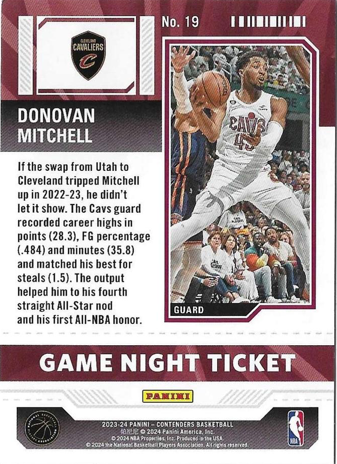 2023 Panini Contenders Game Night Ticket Donovan Mitchell #19 Cleveland Cavaliers