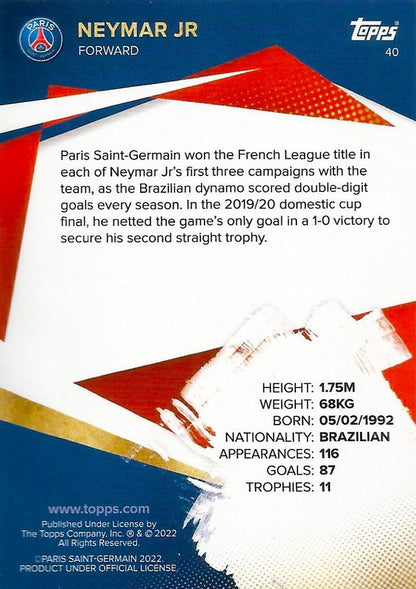 2021 Topps PSG Team Set Neymar Jr #40 Paris Saint-Germain