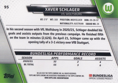 2021 Topps Chrome Bundesliga Xaver Schlager #95 VfL Wolfsburg