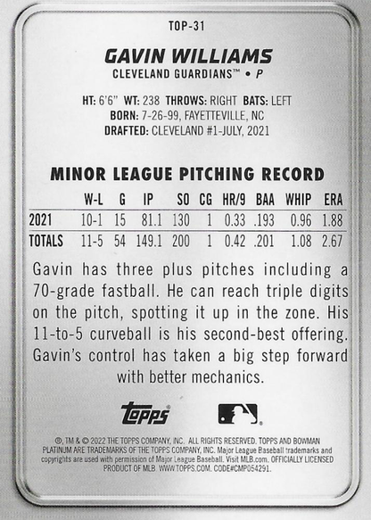2022 Topps Bowman Platinum Top Prospects Gavin Williams Cleveland Guardians #TOP-31