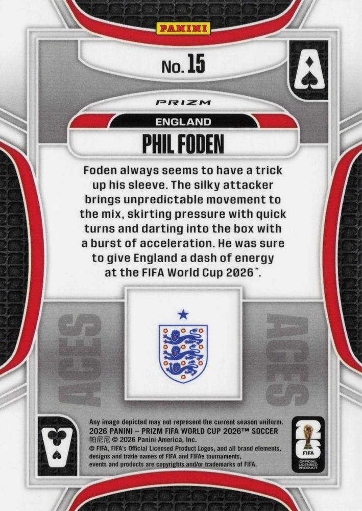 2026 Panini Prizm World Cup Aces Silver Phil Foden #15 Angleterre