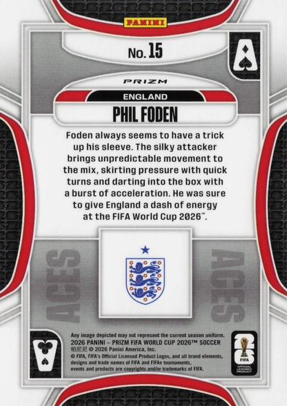2026 Panini Prizm World Cup Aces Silver Phil Foden #15 Angleterre