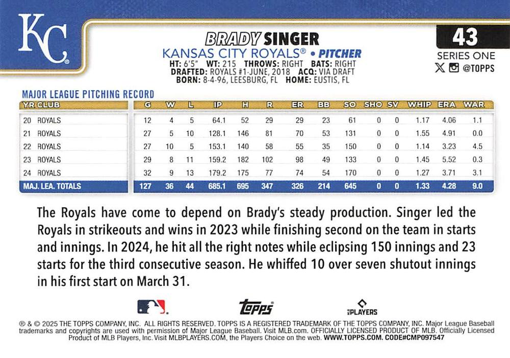 2025 Topps Series 1 Brady Singer Kansas City Royals #43
