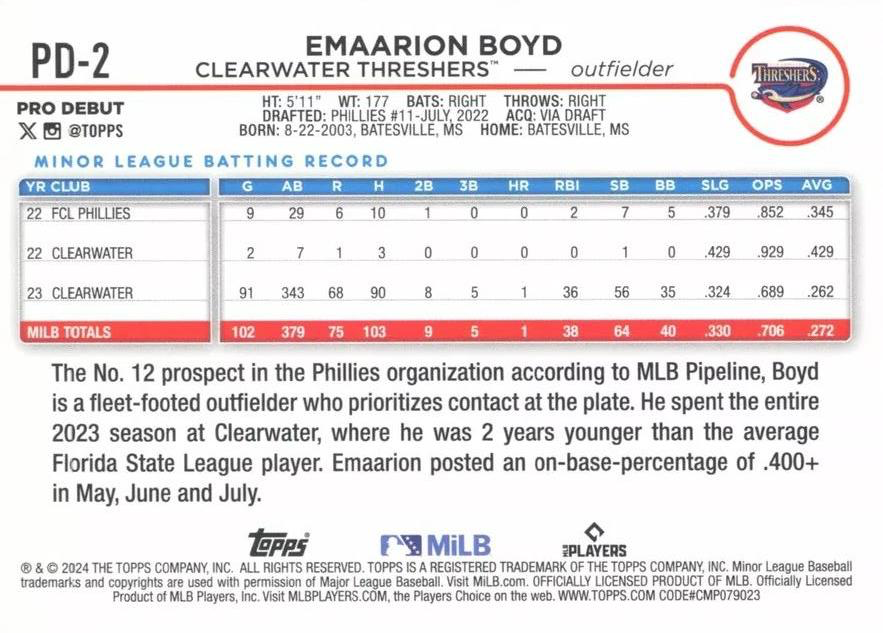 2024 Topps Pro Debut Emaarion Boyd #PD-2 Clearwater Threshers