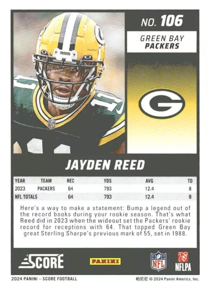 2024 Panini Score Football Jayden Reed Green Bay Packers #106