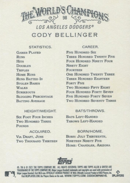 2021 Topps Allen & Ginter Cody Bellinger Los Angeles Dodgers #98