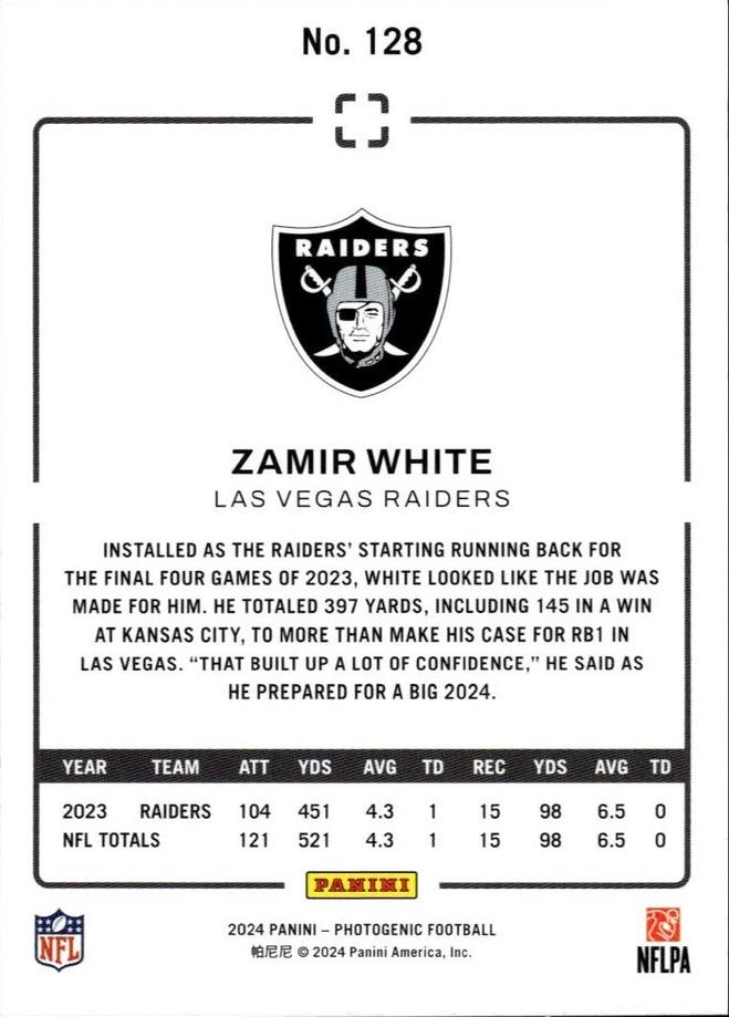 2024 Panini Photogenic Zamir White #128 Las Vegas Raiders