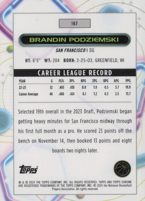 2023 Topps Chrome Cosmic Brandin Podziemski RC #167 Golden State Warriors