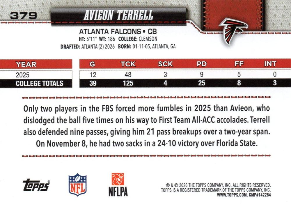 2026 Topps Flagship RC Avieon Terrell #379 Atlanta Falcons