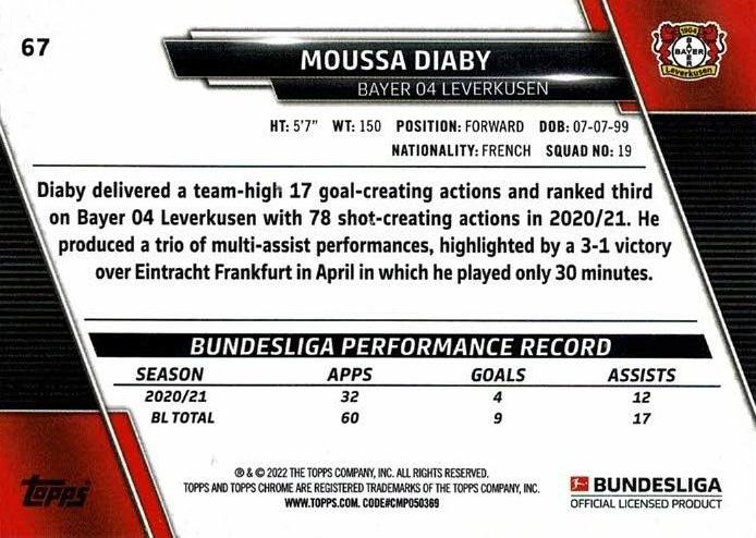2021 Topps Chrome Bundesliga Moussa Diaby #67 Bayer 04 Leverkusen