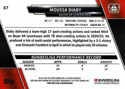 2021 Topps Chrome Bundesliga Moussa Diaby #67 Bayer 04 Leverkusen