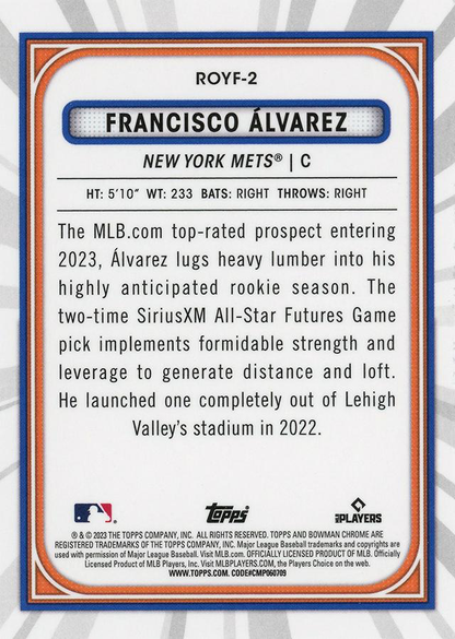 2023 Topps Bowman Chrome Rookie of the Year Favorites Francisco Alvarez New York Mets #ROYF-2