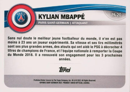 2022 Topps PSG Fan Set Kylian Mbappé #PA-20 Paris Saint-Germain