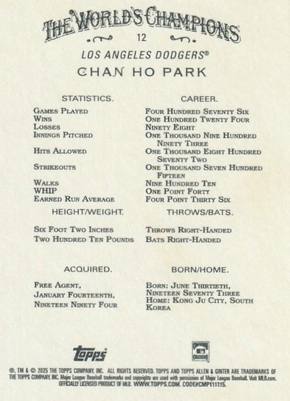 2025 Topps Allen & Ginter Chan Ho Park #12 Los Angeles Dodgers