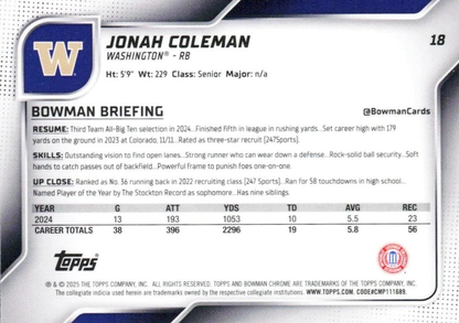 2025 Topps Bowman U Chrome Jonah Coleman 1st #18 Washington Huskies
